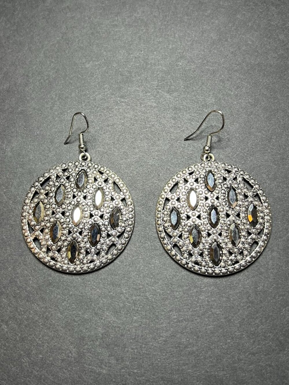 Paparazzi Silver Tone Round Medallion Stallion Filigree Mirrored Dangle Earrings